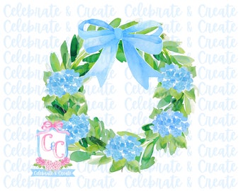 Corona de acuarela con lazo azul PNG Clipart Clip Art Invitación Sublimación Topiario Hortensia Puerta de entrada Grandmillennial Coquette Floral