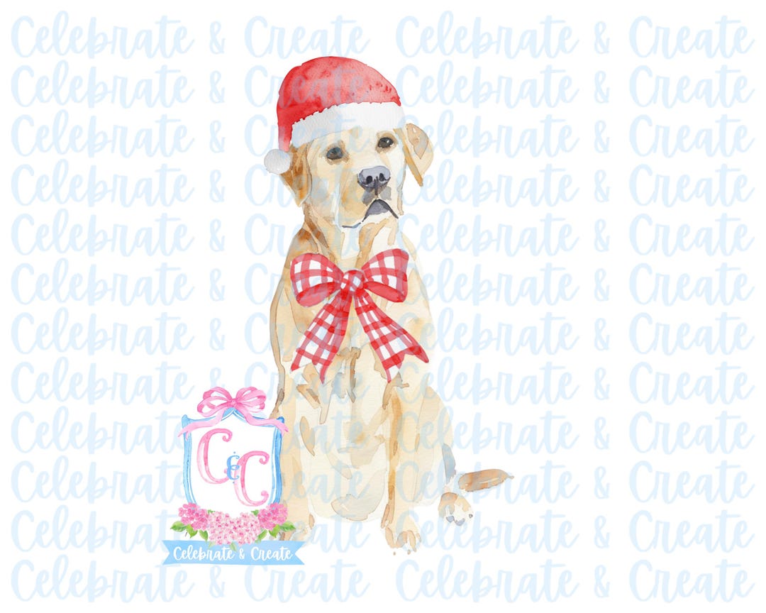Watercolor Santa Hat Yellow Lab Labrador Retriever Dog Red Gingham Bow ...