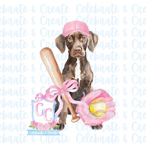 May include: Watercolor illustration of a brown dog wearing a pink baseball cap, holding a baseball bat tied with a pink bow, and a pink baseball glove with a yellow baseball. A crest with the letters "C" and "C" is also present.