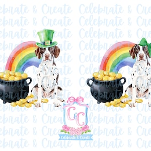 May include: A watercolor illustration of a brown and white dog wearing a green leprechaun hat and a rainbow with a pot of gold at the end. The dog is sitting in front of the rainbow and pot of gold.