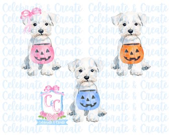 Watercolor Set of 3 Halloween White Miniature Schnauzer Mini Dog Puppy Pumpkin Candy Bucket PNG Clipart Grandmillennial Preppy Doodles AI