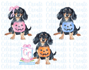 Watercolor Set of 3 Halloween Long Haired Dachshund Weenie Dog Puppy Pumpkin Candy Bucket PNG Clipart Grandmillennial Preppy Doodles AI Drew