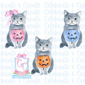 May include: Three watercolor illustrations of gray cats dressed in Halloween costumes. Each cat is holding a jack-o-lantern bucket. The buckets are pink, blue, and orange. The text "Celebrate & Create" is at the bottom of the image.
