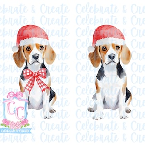 Set van 2 aquarel kerstmuts beagle hond puppy gewei en rode neus png clipart Grandmillennial doodles AI Christmas