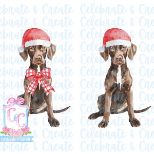 May include: A watercolor illustration of a brown dog wearing a red Santa hat and a red and white checkered bow. The dog is sitting and looking at the viewer. The image includes the text "Celebrate & Create" in a blue and pink font.