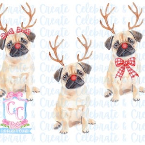 Set van 3 aquarel Rudolph Pug Dog puppy gewei en rode neus png-afbeeldingen Grandmillennial Doodles AI Christmas