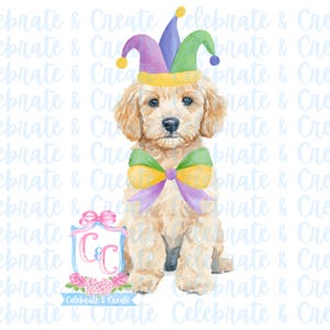 May include: A watercolour illustration of a golden doodle puppy wearing a jester's hat and a bow tie. The hat is purple, green, and yellow. The bow tie is green, yellow, and purple. The image includes the text "Celebrate & Create".