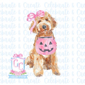 Acuarela Halloween Golden Doodle Goldendoodle Labradoodle Perro Lazo rosa Calabaza Cubo de dulces PNG Clipart Grandmillennial Preppy Doodles