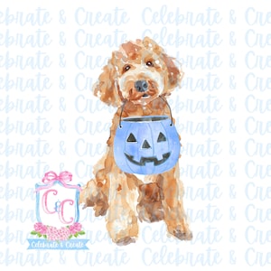 Aquarell Halloween Golden Doodle Goldendoodle Labradoodle Hund Blau Schleife Kürbis Candy Bucket PNG Clipart Kokette Preppy AI Zeichnete Doodles