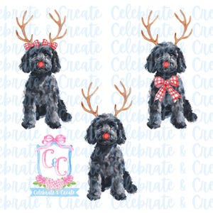 Set di 3 renne di Natale nere dorate Doodle Goldendoodle Labradoodle Cane fiocco Rudolph PNG Clipart Grandmillennial Preppy Acquerello