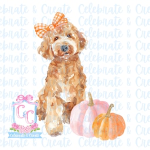 May include: A watercolor painting of a brown and white dog with a pink and white bow on its head. The dog is sitting in front of two pumpkins, one pink and one orange. The background is a light blue with the text "Celebrate & Create" repeated.
