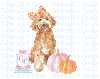Watercolor Golden Doodle Goldendoodle Labradoodle Dog Orange Gingham Bow Pumpkin PNG Clipart Grandmillennial Doodles AI Drew Halloween