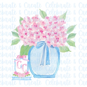 Aquarel roze hortensia's vaas PNG Clipart Art briefpapier Grandmillennial Coquette Preppy Grand Millennial bloemen bloemen moeder lente