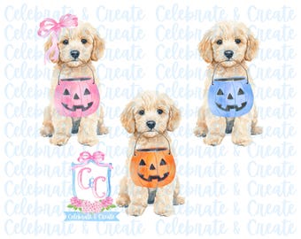 Watercolor Set of 3 Halloween Cream Golden Doodle Goldendoodle Dog Puppy Pumpkin Candy Bucket PNG Clipart Grandmillennial Preppy Doodles AI