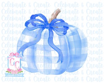 Watercolor Gingham Pumpkin Blue Bow PNG Clipart Clip Art Stationery Grandmillennial Coquette Preppy Halloween Fall Autumn