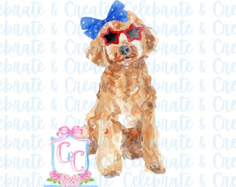 Goldendoodle Golden Doodle Labradoodle aquarel hond patriottische Memorial Day 4 juli Labor Independence Grandmillennial Preppy