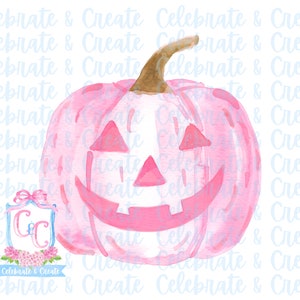 May include: A pink watercolor pumpkin with a jack-o'-lantern face. The pumpkin is on a white background with the text "Celebrate & Create" repeated in blue.