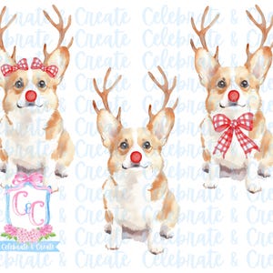 Set van 3 aquarel Rudolph Corgi Dog puppy gewei en rode neus png-afbeeldingen Grandmillennial Doodles AI Christmas