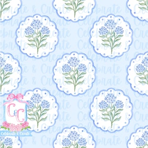 Watercolor SEAMLESS PATTERN Hydrangeas Block Print Floral Background PNG Clipart Stationery Grandmillennial Coquette Preppy Vintage Flower