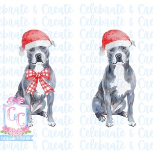 Set van 2 aquarel kerstmuts zilvergrijs pitbull bullebak pitbull hond puppy gewei rode neus PNG clipart Grandmillennial doodles AI kerst