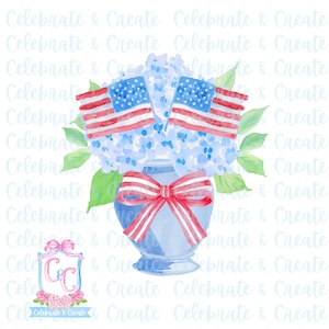 May include: Watercolor illustration of a blue vase with a red and white bow, holding blue flowers and two American flags. Green leaves surround the flowers. The words "Celebrate & Create" are in the background.