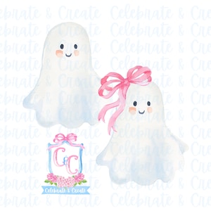 Aquarela Menino Fantasma e Menina Fantasma com Arco Conjunto de 2 PNG Clipart Clip Art Papelaria Grandmillennial Coquette Preppy Halloween Outono Outono