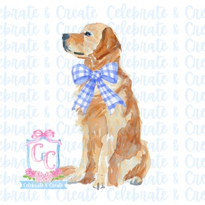 水彩画のゴールデンレトリバーの子犬と青いギンガムチェックのリボン PNG クリップアート 文房具 グランドミレニアル コケット プレッピー ガーリー メモ帳 カード