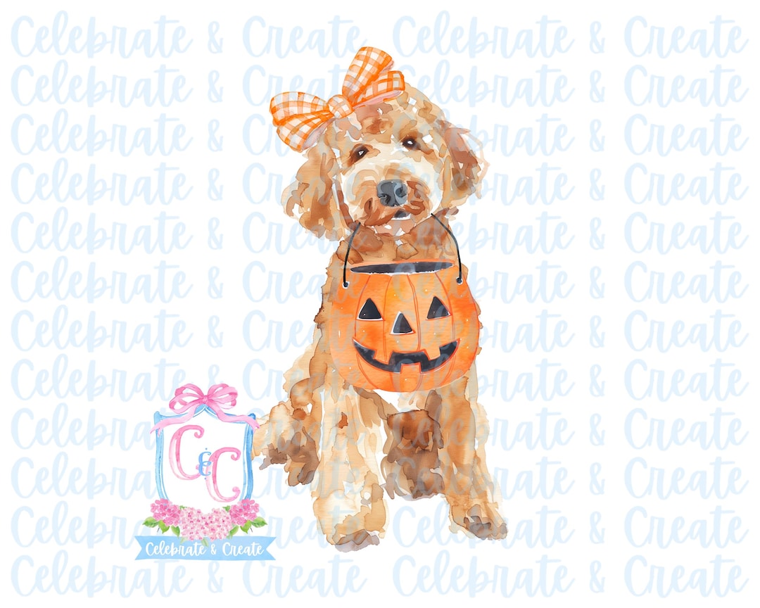 Watercolor Halloween Golden Doodle Goldendoodle Labradoodle Dog Orange ...