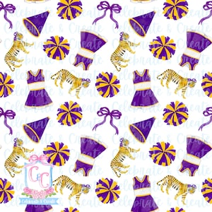 Patrón sin costuras de acuarela de los Louisiana LSU Tigers, clipart, fondo preppy, fútbol americano universitario, equipo universitario, porristas, deportes