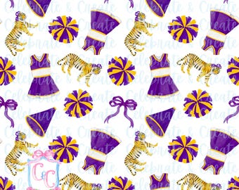 Tigers Watercolor SEAMLESS PATTERN png Clipart Grandmillennial Preppy Background Football Collegiate College Team Cheer Sports