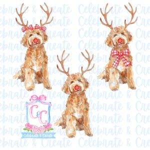 Set van 3 aquarel Rudolph Golden Doodle Labradoodle hond gewei & rode neus PNG clipart Grandmillennial Doodles AI Drew Christmas Golden