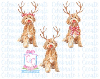 Set of 3 Watercolor Rudolph Golden Doodle Labradoodle Dog Antlers & Red Nose PNG Clipart Grandmillennial Doodles AI Drew Christmas Golden