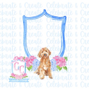 Aquarell Doodle Golden Doodle Hundewappen Hortensien PNG Clipart Schreibwaren Grandmillennial Coquette Preppy Dog Botanicals Labradoodle