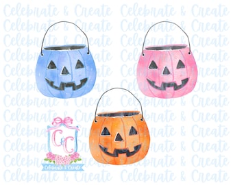 Watercolor Set of 3 Pumpkin Candy Bucket PNG Clipart Clip Stationery Grandmillennial Coquette Preppy Halloween Fall Autumn Jack-O-Lantern