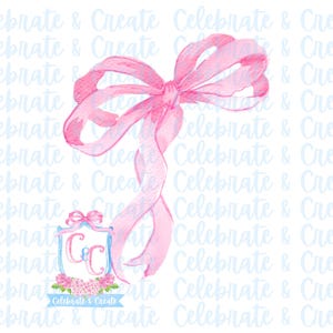 May include: A watercolour illustration of a pink bow on a white background. The bow is tied with a ribbon and has a small floral design at the bottom. The text "Celebrate & Create" is written below the bow.