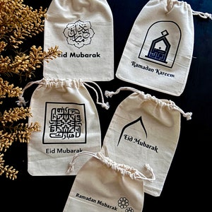 Sacs cadeaux pour l'Aïd et le ramadan, sacs cadeaux à motif islamique, pochettes pour l'Aïd et le ramadan pour enfants, calligraphie arabe design minimaliste, coton naturel