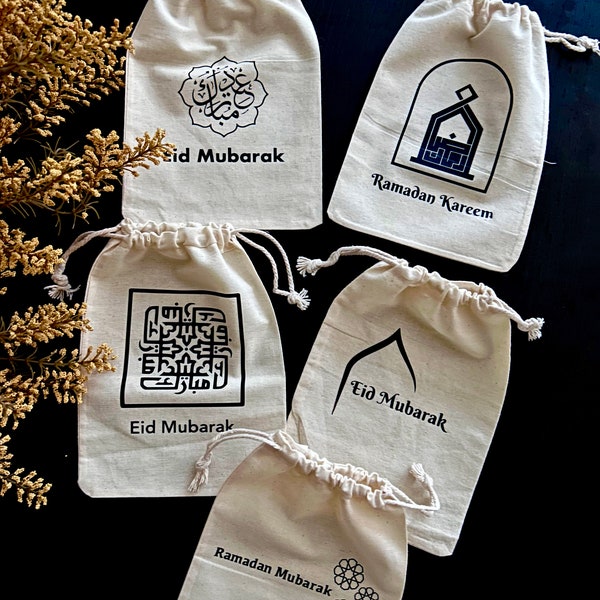 Eid and Ramadan Gift Bags, Islamic Pattern Favor Bags, Eid Ramadan Pouches for Kids, Arabic Calligraphy Minimalist Design, Natural Cotton