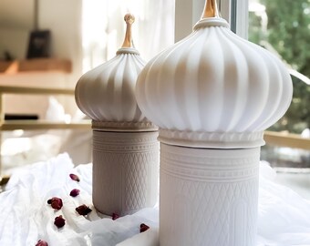 Dome Ceramic Jar – Matte White and Beige - Modern Islamic Decor- Ramadan/ Eid Decor