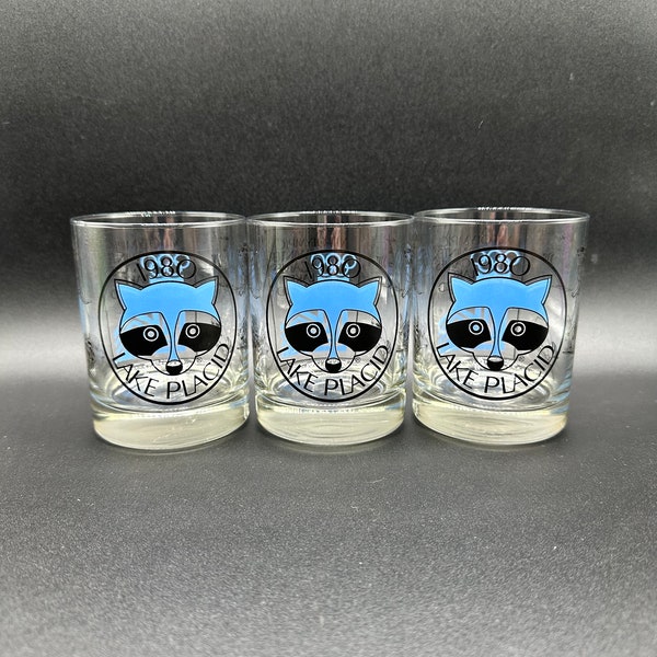 Set of 3 Vintage 1980 Lake Placid Winter Olympic Games rocks/lowball glasses. XIII Olympic Winter Games souvenir glasses, FLAWLESS CONDITION