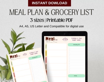 Printable Weekly Meal Planner with Grocery List & Motivational Quote, PDF Template, Instant Download, Colourful Plan, A4 A5 Us Letter Sizes