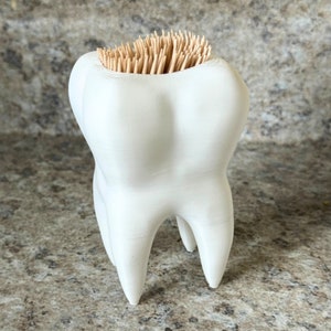 Puede incluir: Porta palillos de dientes de cerámica blanca con forma de diente, lleno de palillos de dientes de madera.