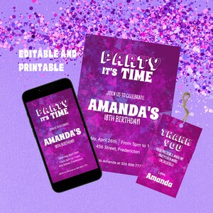 Pode incluir: Convite digital roxo e rosa com fundo brilhante. O convite diz "Party It's Time" e "Amanda's 18th Birthday!" com a data, hora e local. Um cartão de agradecimento correspondente diz "Thank You" e "Your presence made my party even more incredible! Love, Amanda".