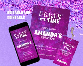 Party Birthday Invitation, Birthday Invitations Editable, Party Printable Invitation, Puple Digital Birthday Invitation Template, Girl Party