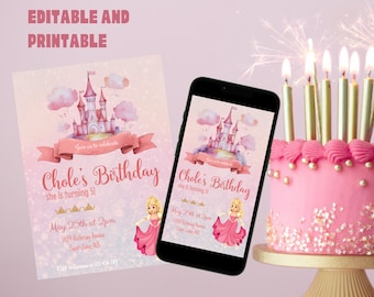 Princess Birthday Invitation, Pink and Glitter, Magical Party Invitation, Girl's Birthday, Editable Template, Digital and Instant Download