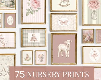 Paquete de 75 láminas rosas para habitación infantil, ideal para crear una galería de fotos en la habitación de una niña (archivos digitales).