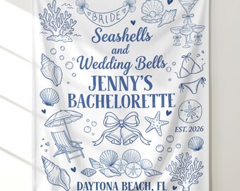 Tapiz personalizado para despedida de soltera, pancarta personalizada con el nombre de la novia para el fin de semana, conchas marinas y campanas de boda.