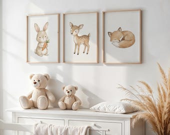 Juego de 3 impresiones de arte de pared para guardería con animales del bosque, decoración bohemia de acuarela