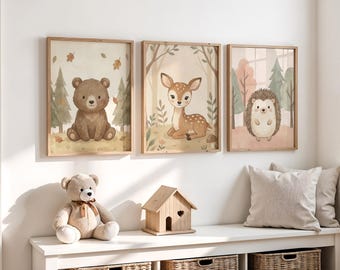 Juego de 3 impresiones de arte de pared para guardería de criaturas del bosque, decoración de habitación infantil con animales bebés