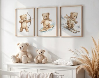 Juego de 3 impresiones de arte de pared para guardería con diseño de osito de peluche deportivo, decoración de guardería con acuarela