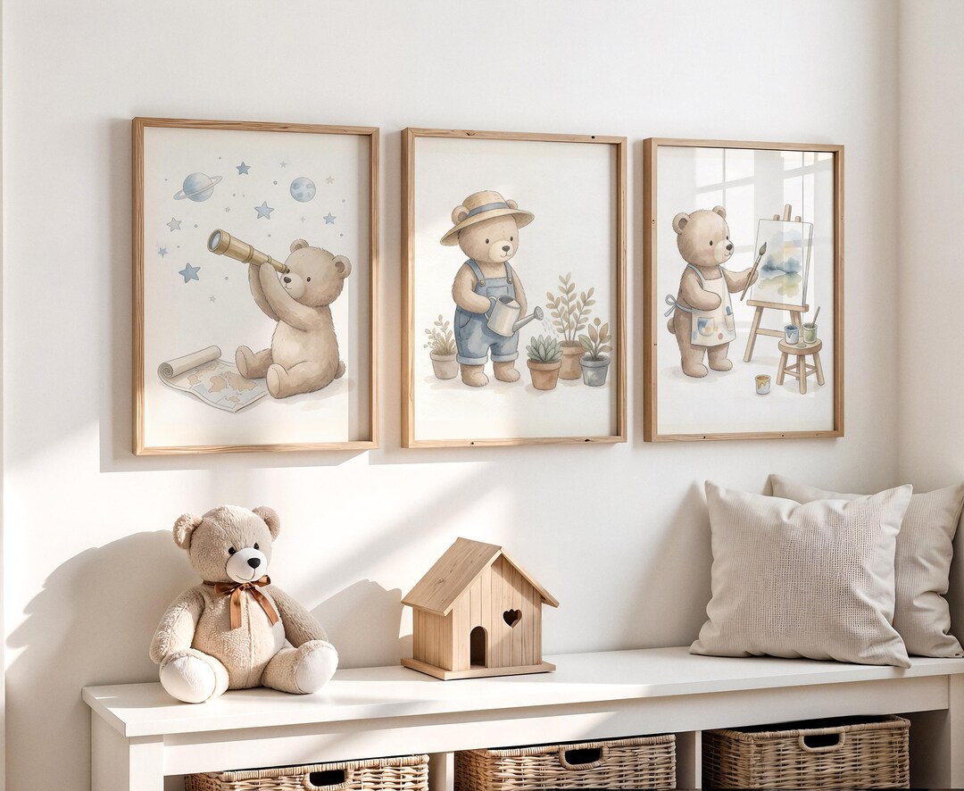 Teddy Bear Nursery Wall Art Set of 3 Prints, Blue Nursery Decor - Etsy